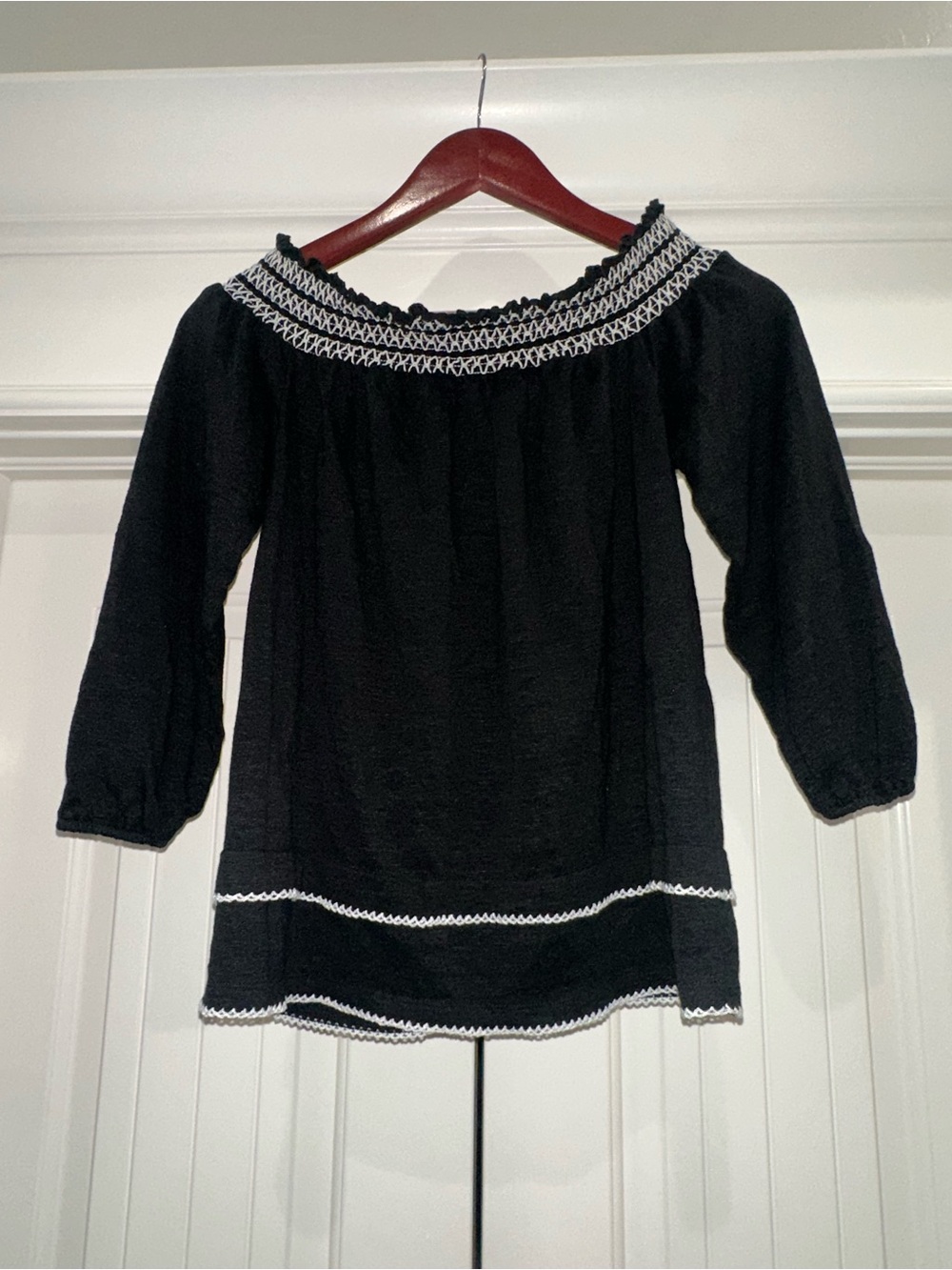 White House Black Market Black Smocked Peasant Top XS Contrast Stitch Boho